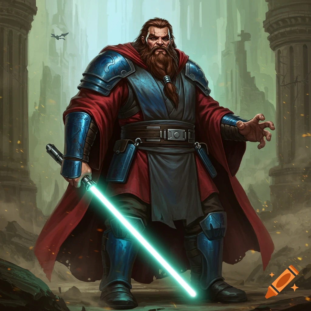 A massive, bearded Jedi-like warrior in blue armor and red robes holds a glowing green lightsaber amidst ancient ruins.