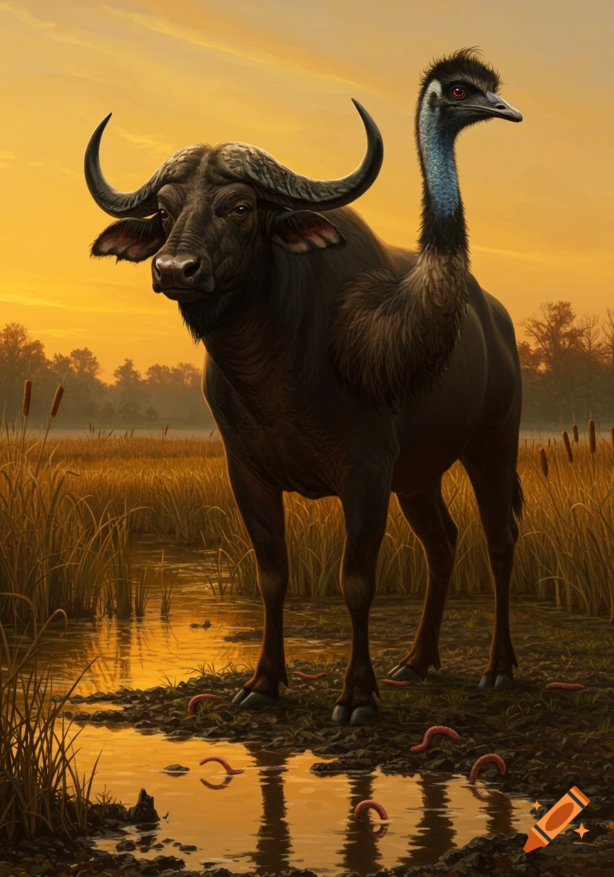 A photorealistic water buffalo-emu hybrid stands in a muddy wetland with worms under a golden sunset sky.
