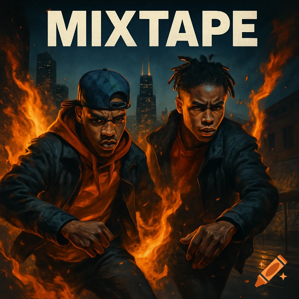 Stylized urban album cover art with two young men engulfed in flames, a city skyline in the background, and 'MIXTAPE' text.