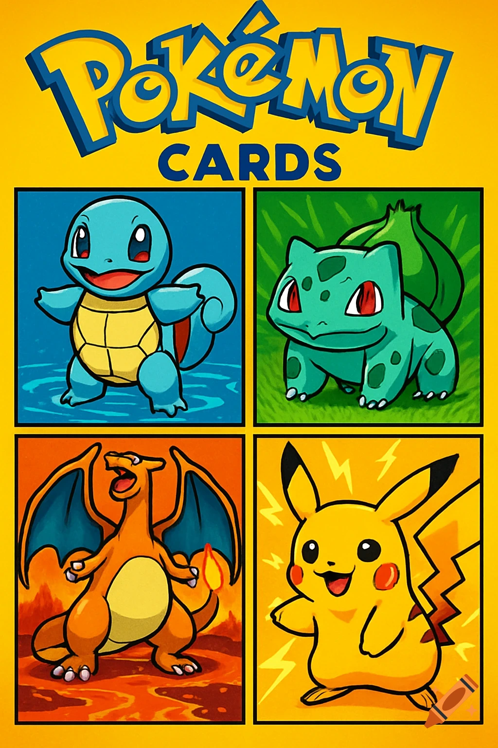 Vibrant poster showing four Pokémon in separate panels: Squirtle, Bulbasaur, Charizard, and Pikachu, with 'Pokémon Cards' text.