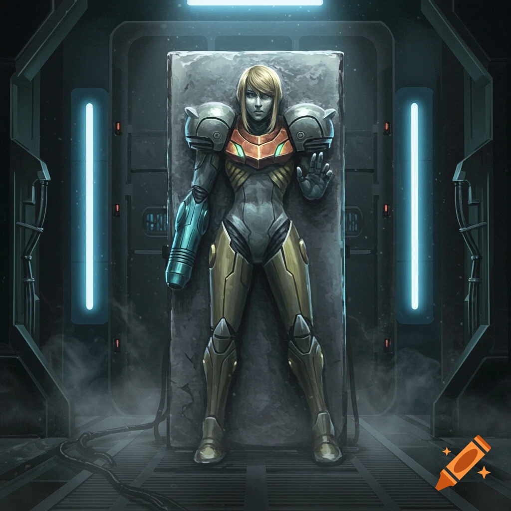 Zero Suit Samus frozen in carbonite, standing in a dimly lit sci-fi chamber with glowing blue lights, in a digital art style.