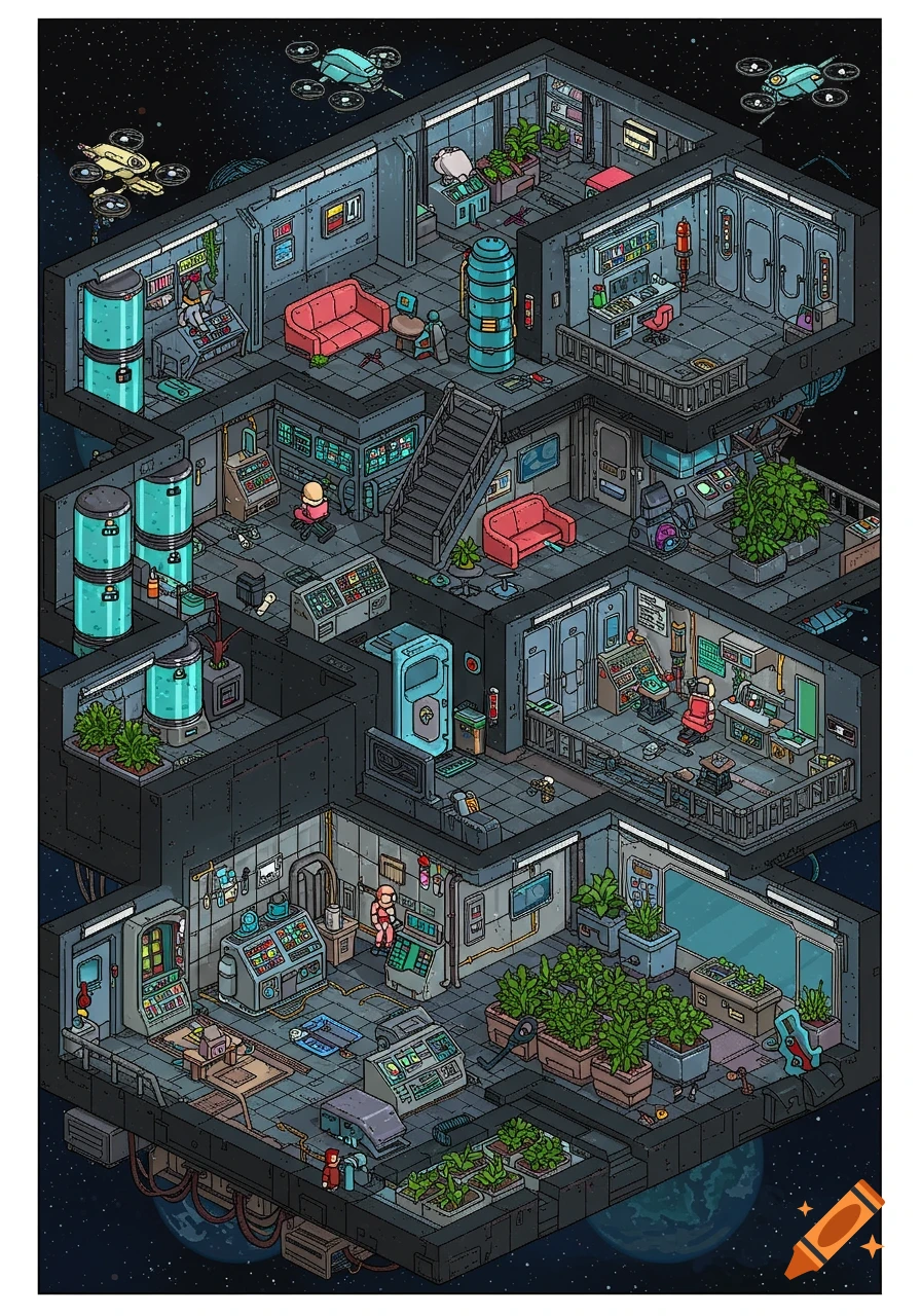 Isometric pixel art of a multi-level space station interior with various rooms, consoles, living areas, and plants.