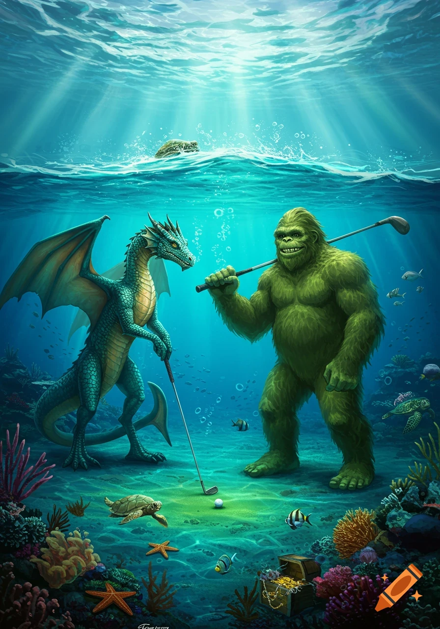 A green dragon and a green Bigfoot play golf underwater amidst colorful coral, fish, and sea turtles, with sun rays piercing the blue water.
