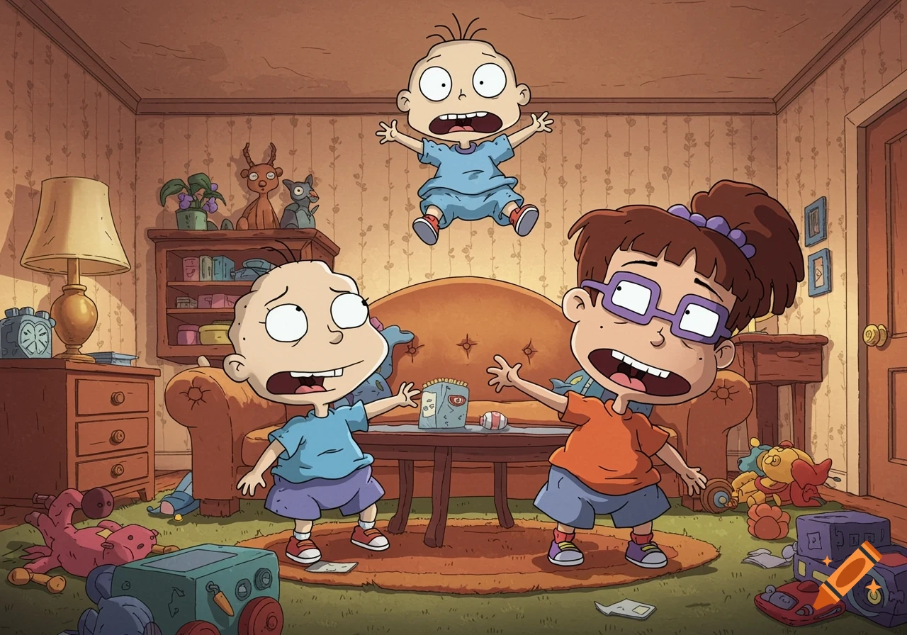 Three cartoon babies from Rugrats in a messy living room, with one floating above the other two who look surprised.