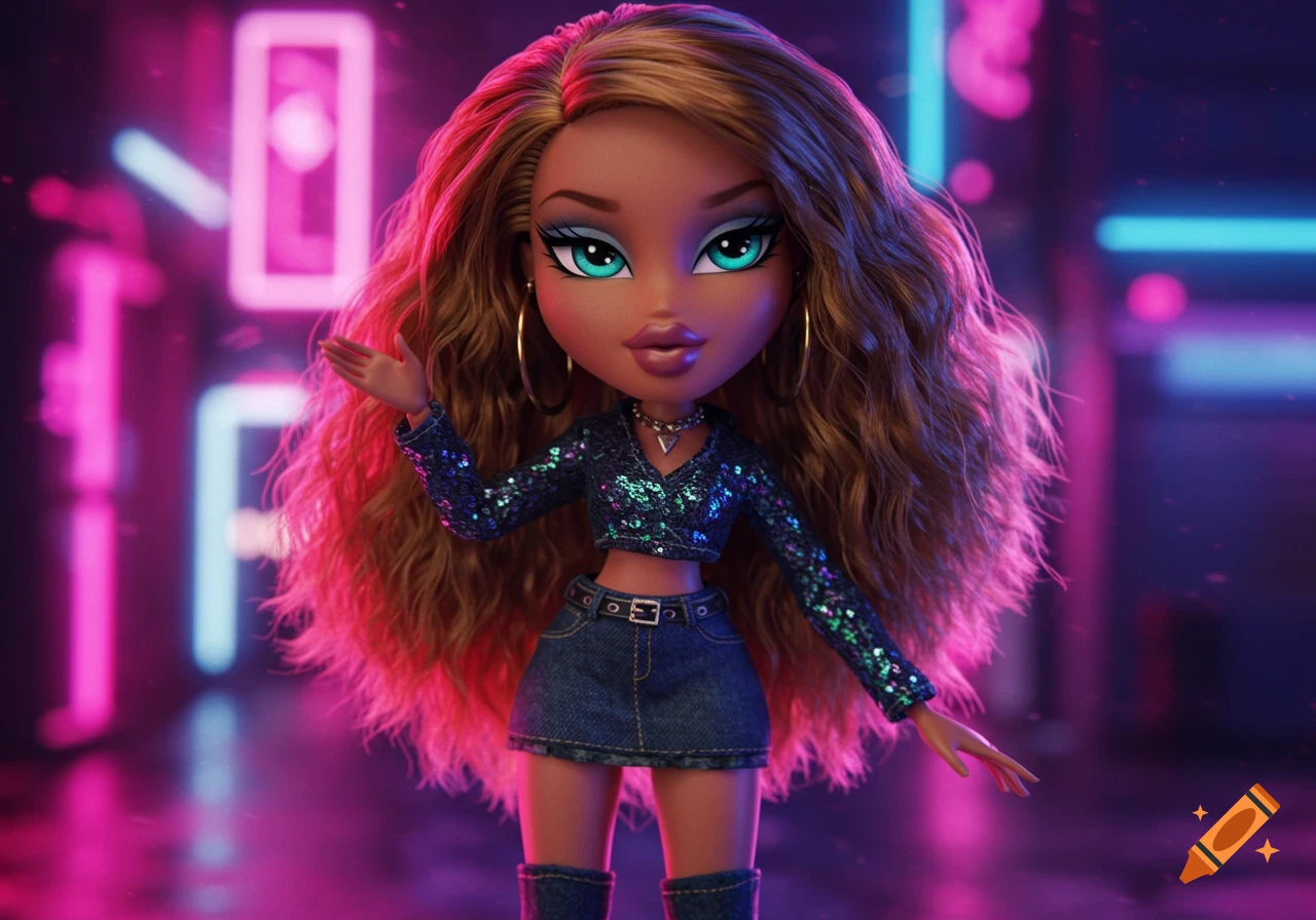 A Bratz doll with long brown hair, turquoise eyes, wearing a sequin crop top and denim skirt, against a neon pink and blue background.