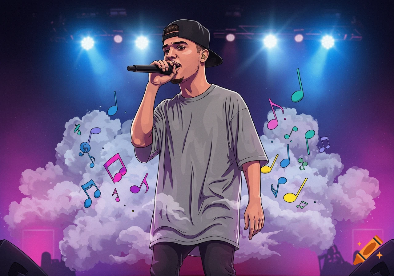Cartoon rapper on stage, wearing an oversized grey tee-shirt and black baseball cap, singing into a microphone with colorful musical notes and smoke surrounding him.