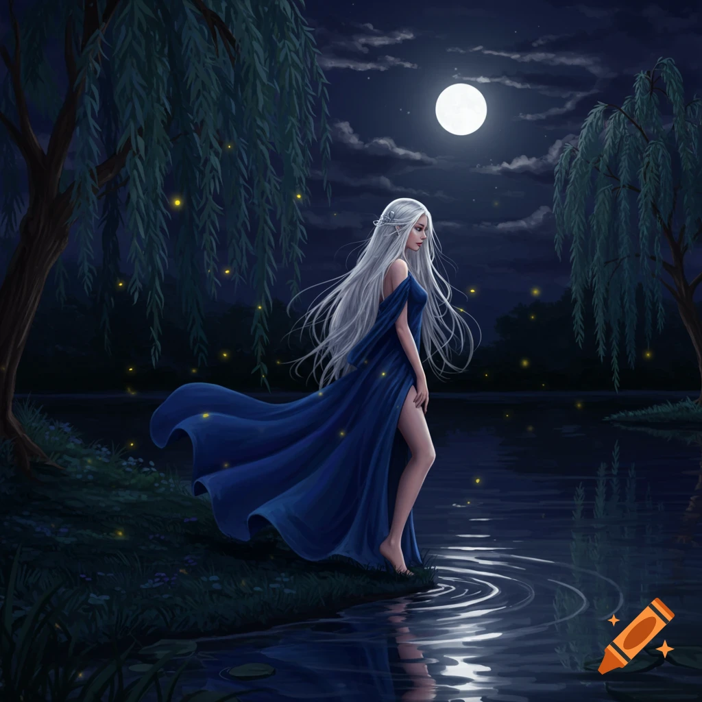 A white-haired woman in a flowing blue dress dips her foot in a moonlit lake, surrounded by willows and fireflies in a fantasy digital painting.