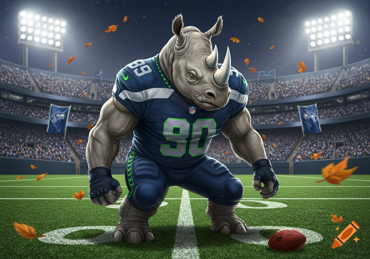 A cartoon anthropomorphic rhinoceros linebacker in a Seattle Seahawks uniform (number 90) on a football field in a stadium at night, with a football nearby.