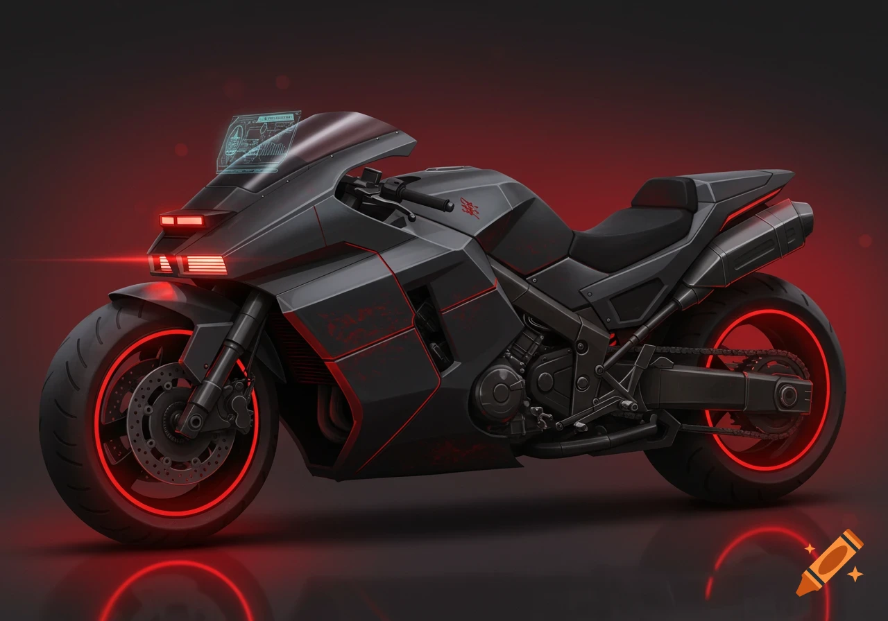 Dark, futuristic motorcycle with red neon lines and glowing red rims against a dark red background.