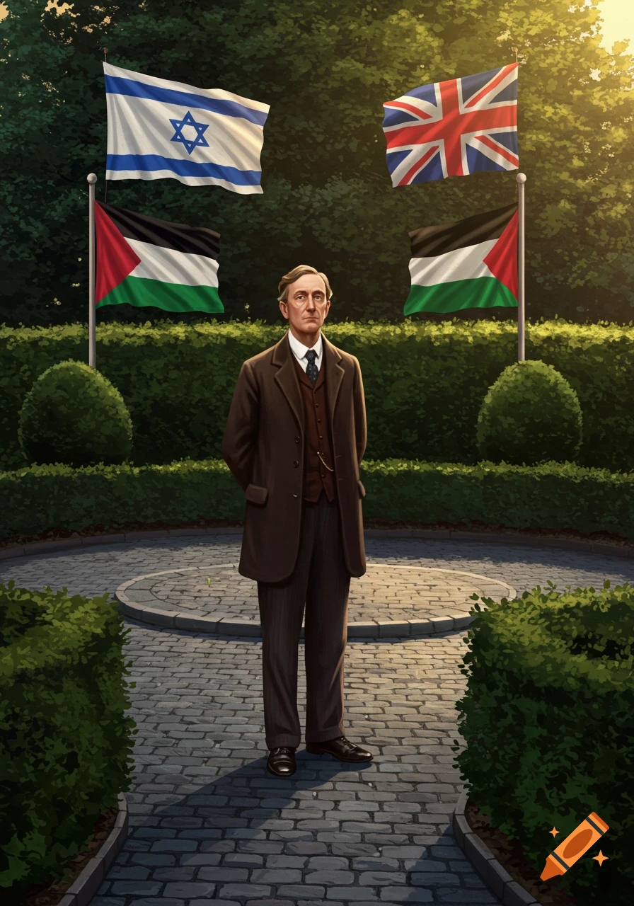 A man in a brown suit stands in a paved garden path with hedges. Behind him, flags of Israel, Palestine, and the United Kingdom wave.