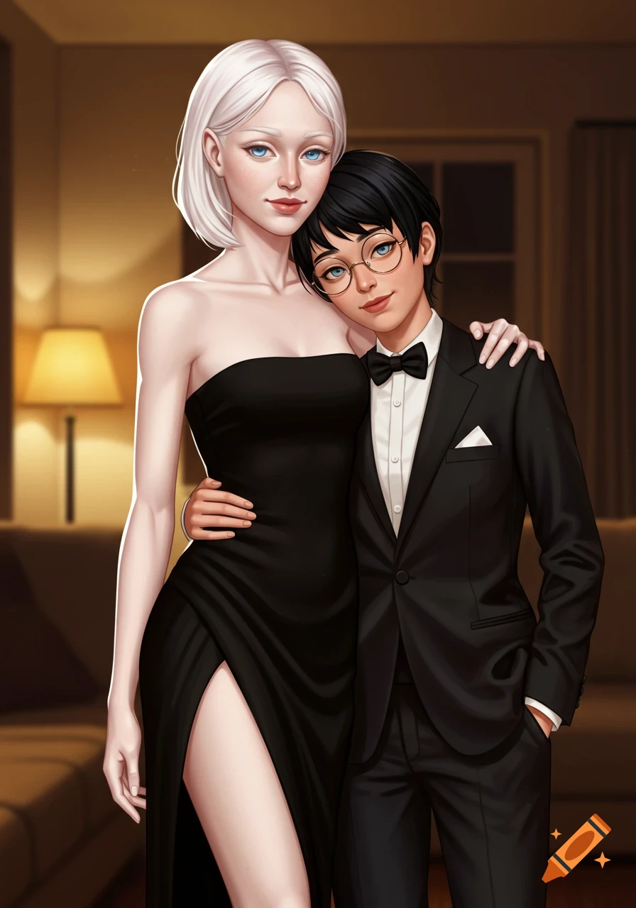 A digital illustration of an albino woman in a black strapless dress with a leg slit embracing her girlfriend in a tuxedo.