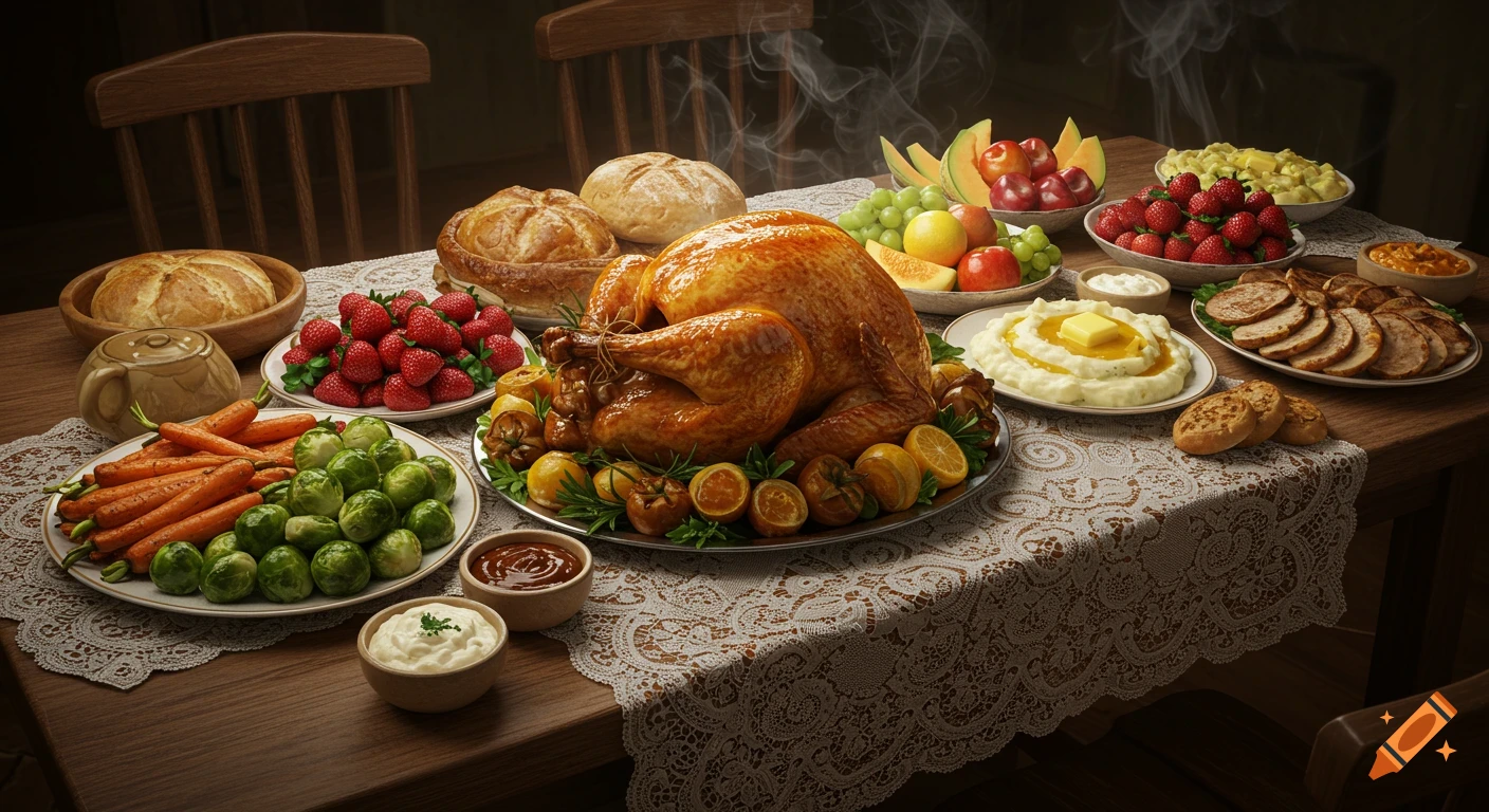 Photorealistic image of a lavish holiday dinner table set with a roasted turkey, mashed potatoes, vegetables, fruits, and bread.