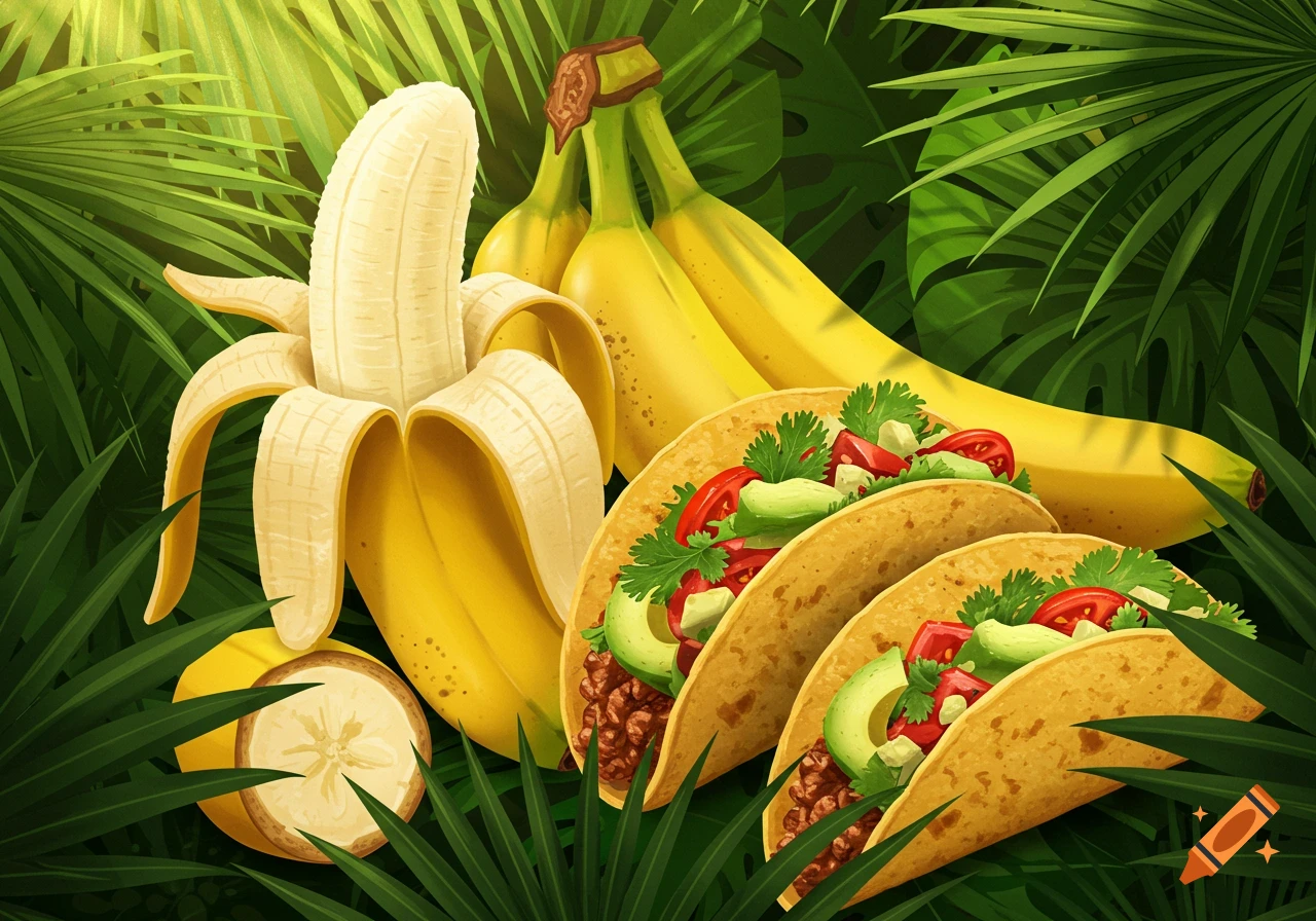 Colorful illustration of a peeled banana and a bunch of bananas next to three tacos, all surrounded by green tropical leaves.