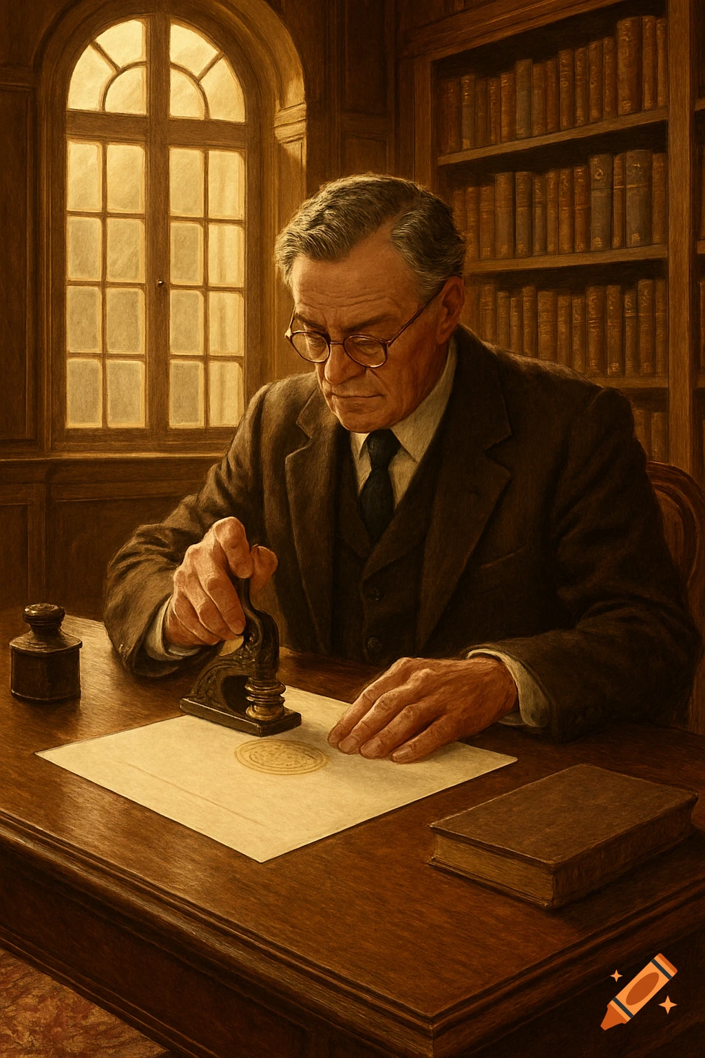 An older man in a suit seals a document at a wooden desk in a vintage office, with a window and bookshelves in the background.