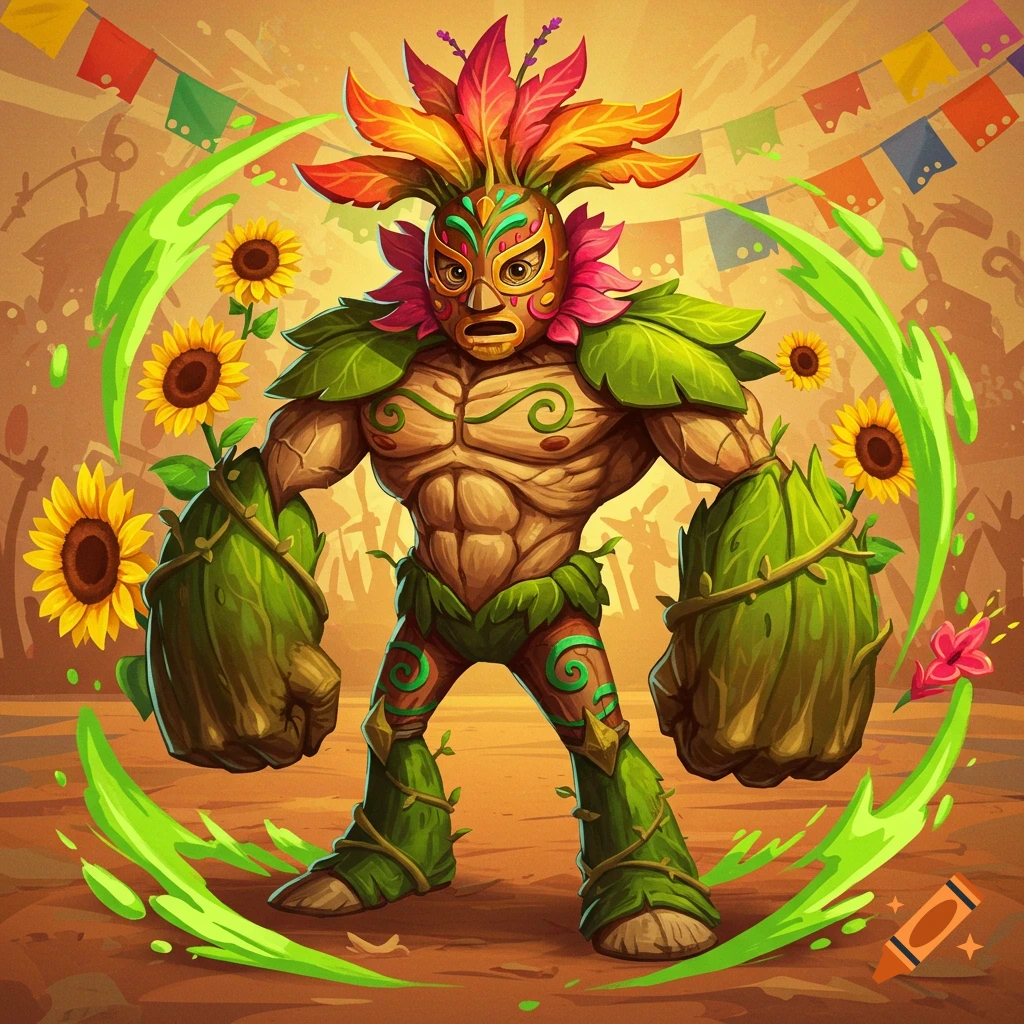 A stylized plant creature wearing a colorful lucha libre mask, standing in a festive outdoor setting with sunflowers and banners.