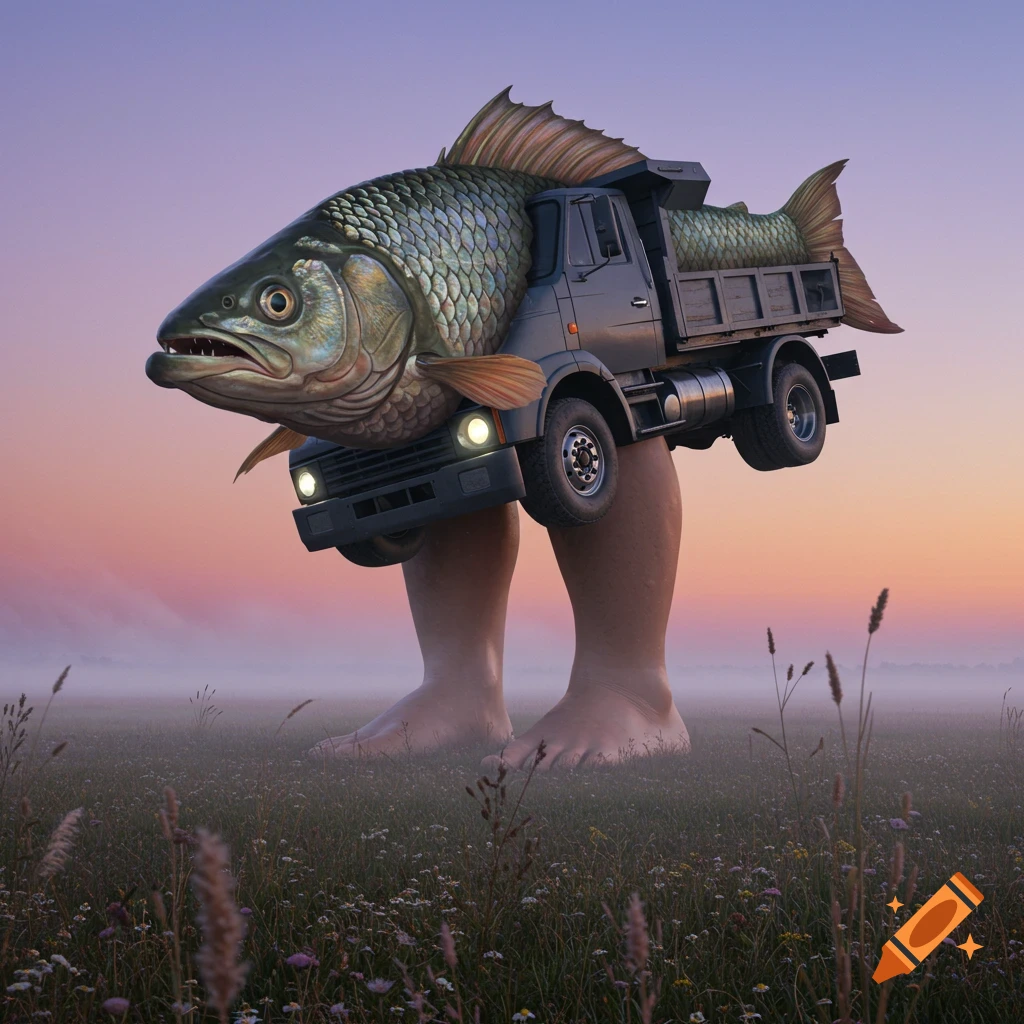 Photorealistic image of a large fish head attached to the front of a dump truck, which stands on two human legs in a misty field at sunset.