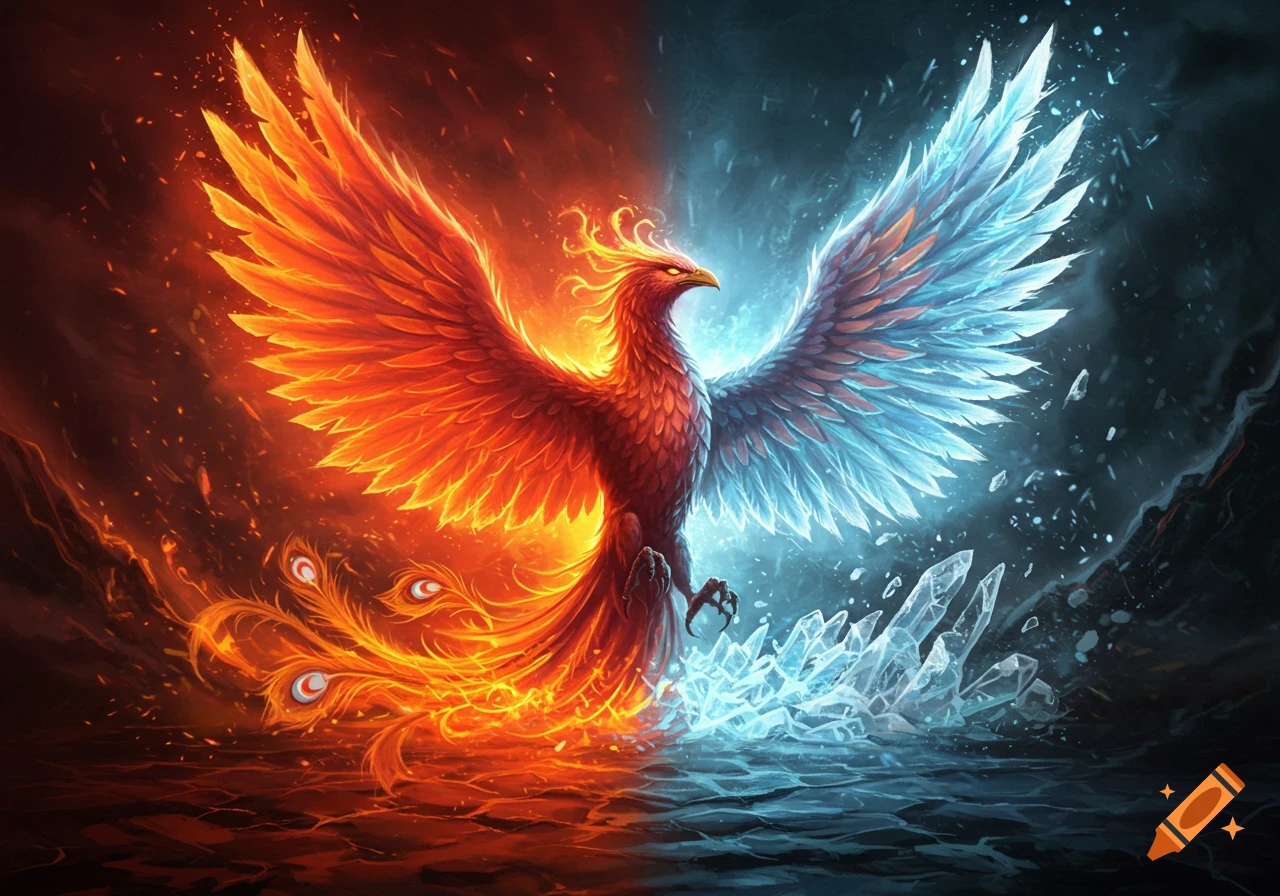 A majestic phoenix, half fiery red and orange, half icy blue and white, stands on a fiery and icy landscape.