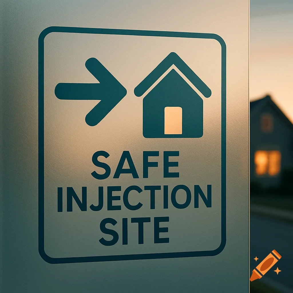 Teal sign for a 'SAFE INJECTION SITE' with an arrow pointing right to a house icon, against a blurred sunset backdrop with a house.