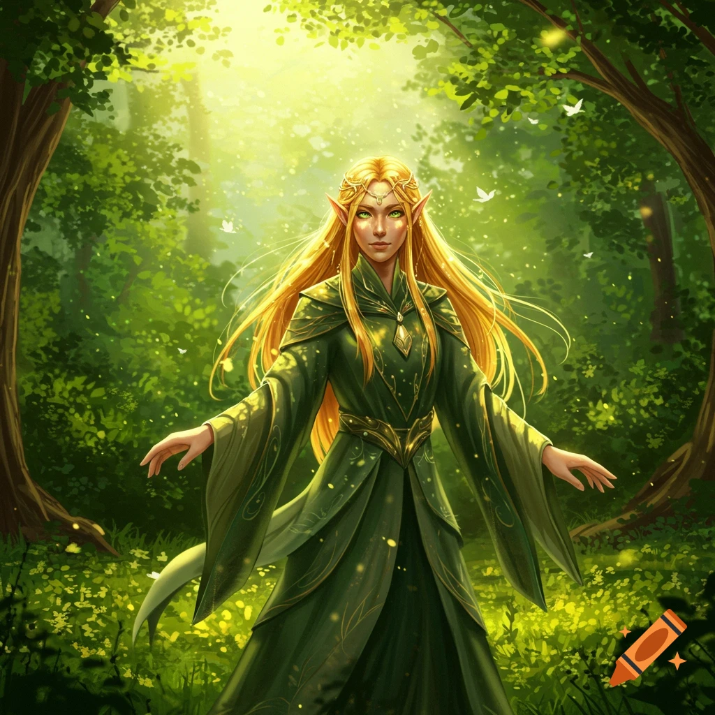 A golden-haired female high elf with green eyes in a sunlit fantasy forest.