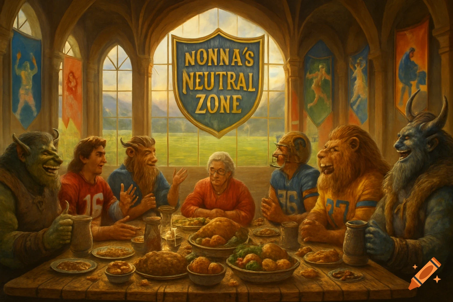 Painterly scene of fantasy creatures and people in football jerseys dining at a long table under a 'Nonna's Neutral Zone' banner.