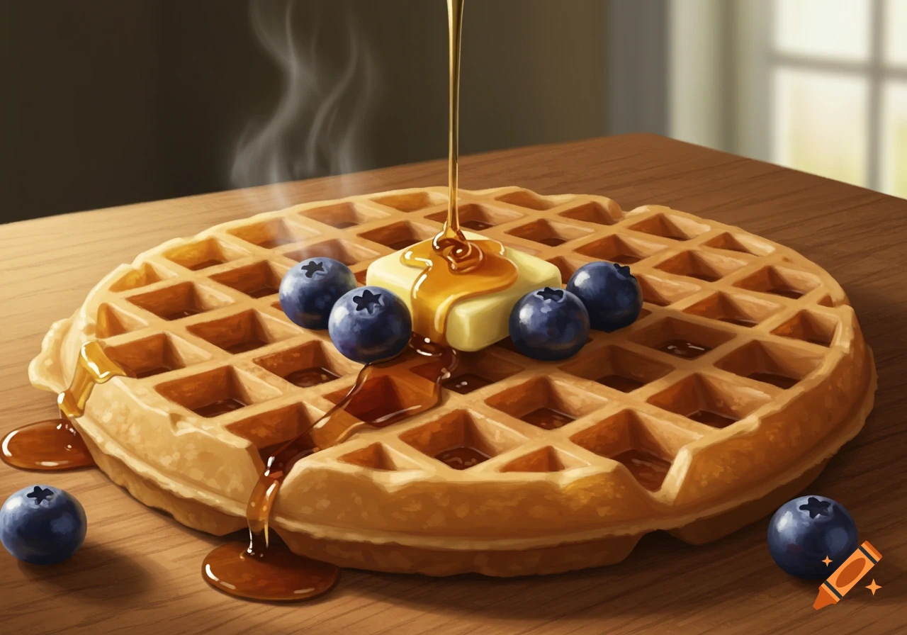 Close-up of a golden waffle topped with butter, blueberries, and syrup being poured, with steam rising, on a wooden table.