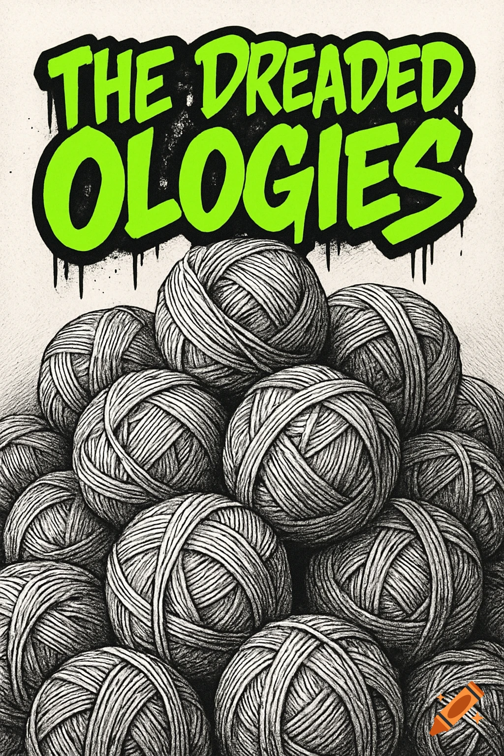 Graphic line drawing of a pile of yarn balls with 'THE DREADED OLOGIES' in neon green graffiti text.