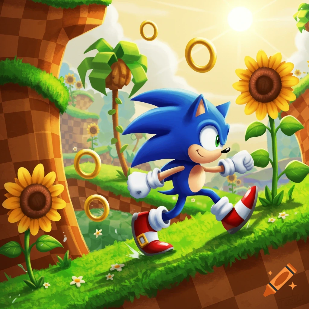 Sonic the Hedgehog runs through a vibrant Green Hill Zone, with sunflowers, trees, and golden rings, under a bright sun.