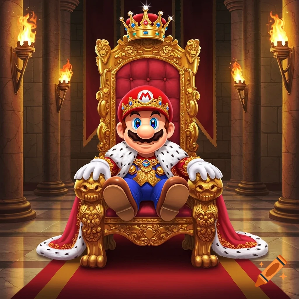 Mario, dressed as a king in a red and gold robe with a crown, sits on an ornate golden throne in a grand hall.