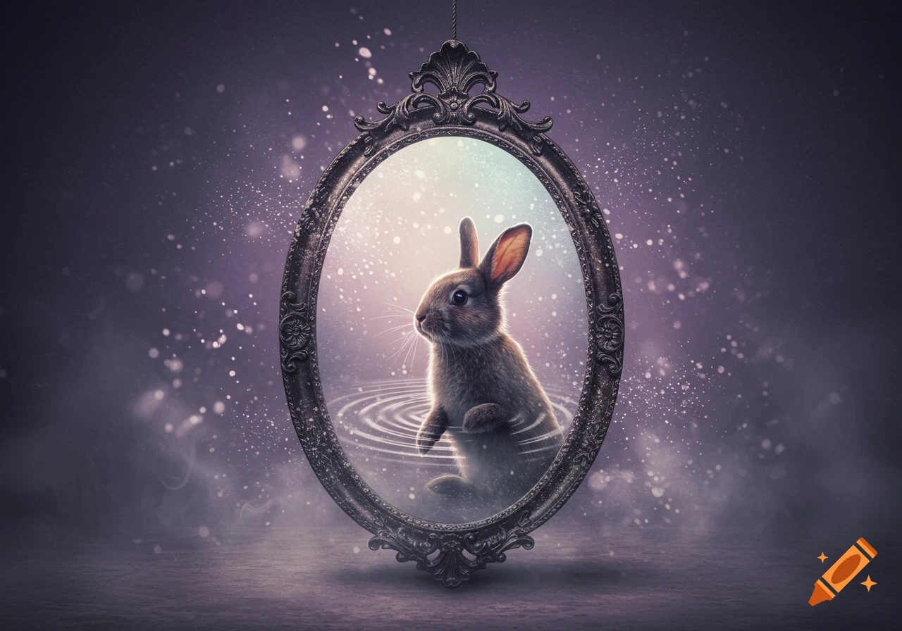 A cute rabbit stands in an ornate oval mirror, surrounded by sparkling dust on a dark, mystical background, digital art.