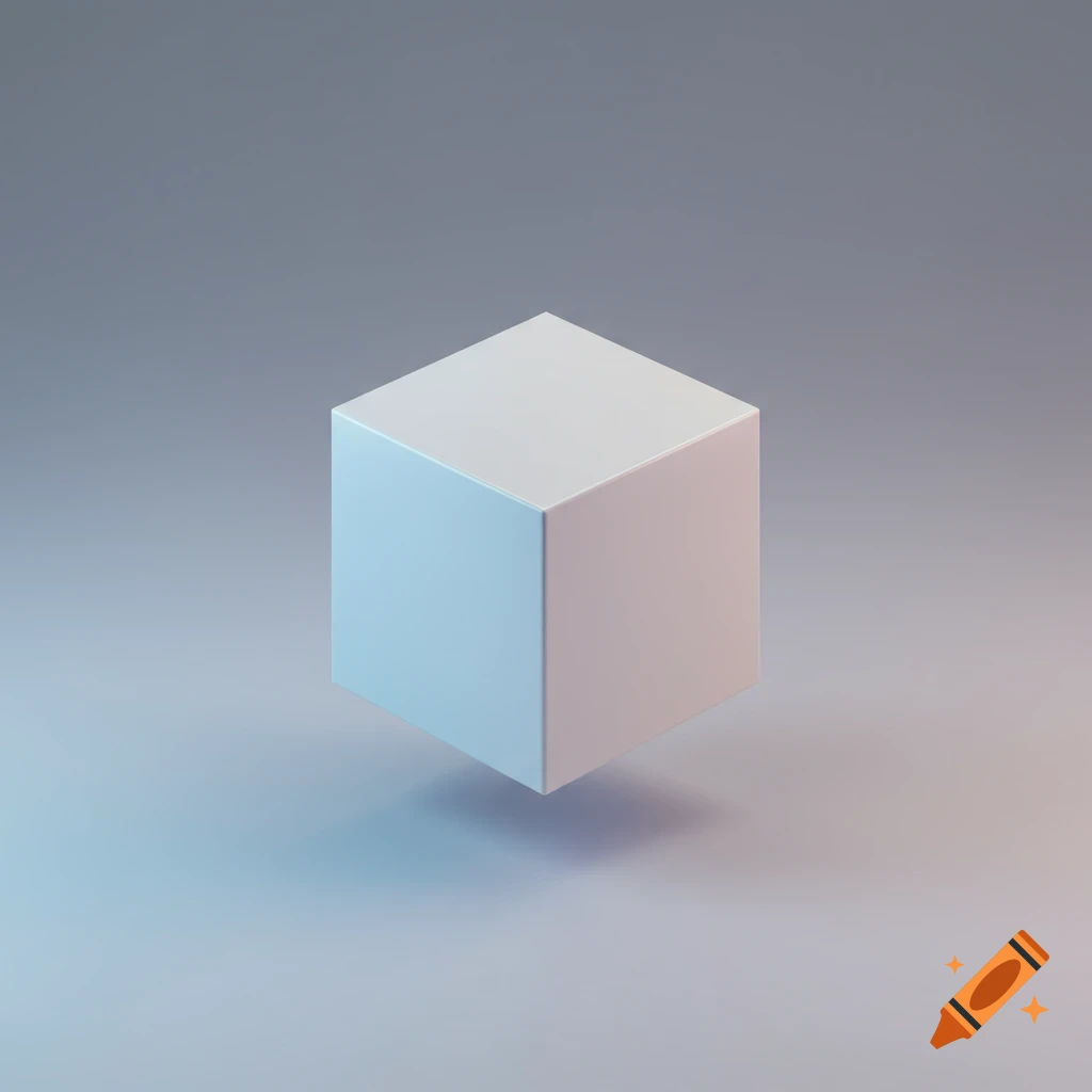 A floating white cube with blue and pink light reflections on its faces, casting a soft shadow on a gradient background.