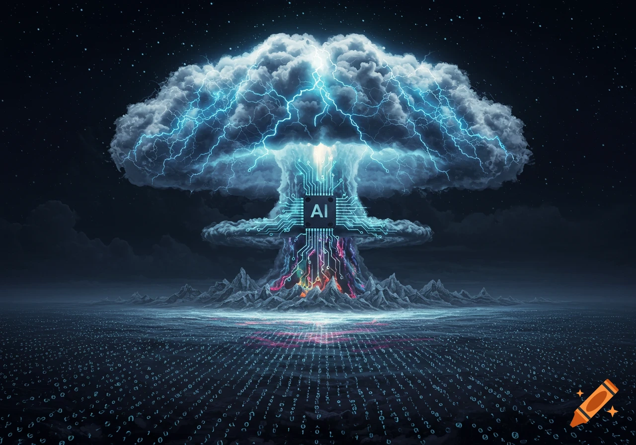 A mushroom cloud of clouds and lightning with a glowing circuit board featuring 'AI' at its core, rising from a landscape of binary code under a starry sky.