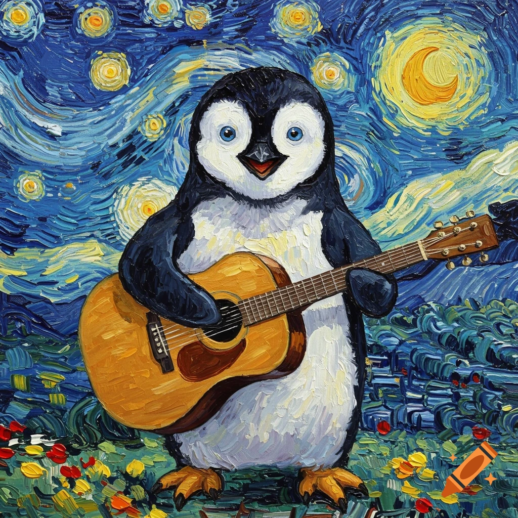 A cartoonish penguin plays an acoustic guitar against a vibrant, swirling starry night sky and landscape, in the style of Van Gogh.
