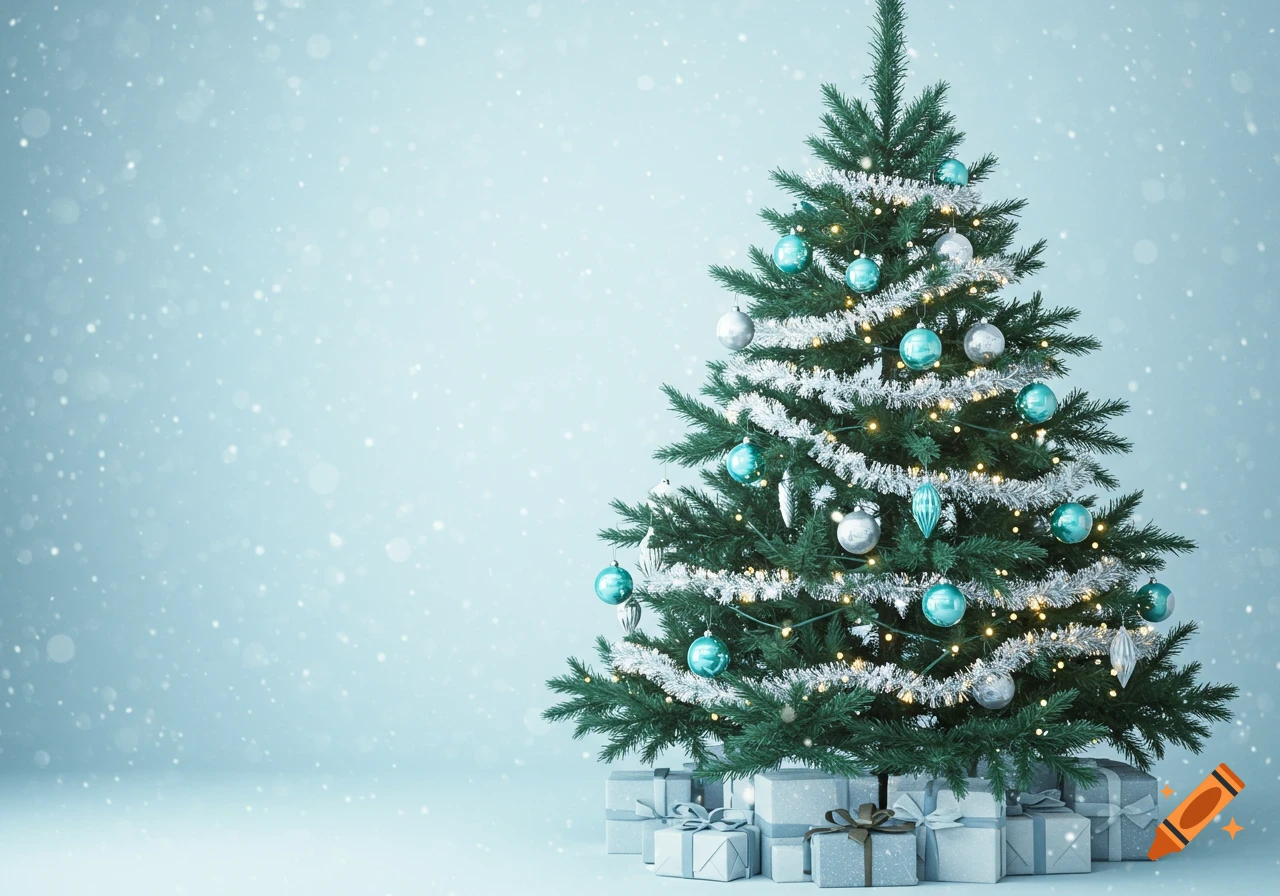 A festive Christmas tree with blue and silver ornaments, tinsel, and lights, surrounded by gift boxes, on a snowy light blue background.