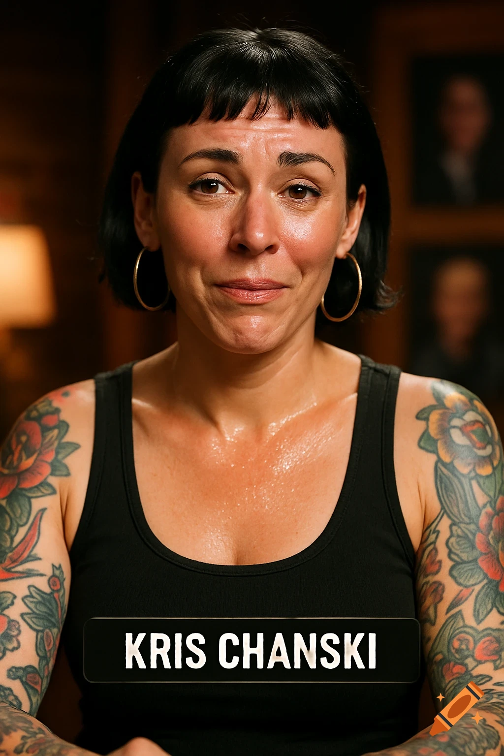 Photorealistic portrait of Kris Chanski, a woman with short dark hair, bangs, hoop earrings, and tattooed arms, sweating in a black tank top.