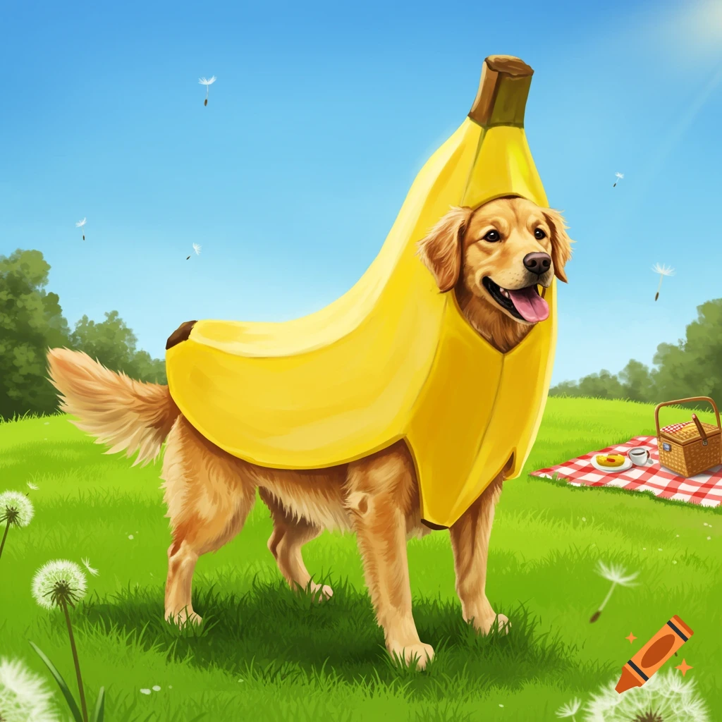 A happy golden retriever dog wearing a yellow banana costume stands in a sunny, green park with dandelions and a picnic blanket in the background.