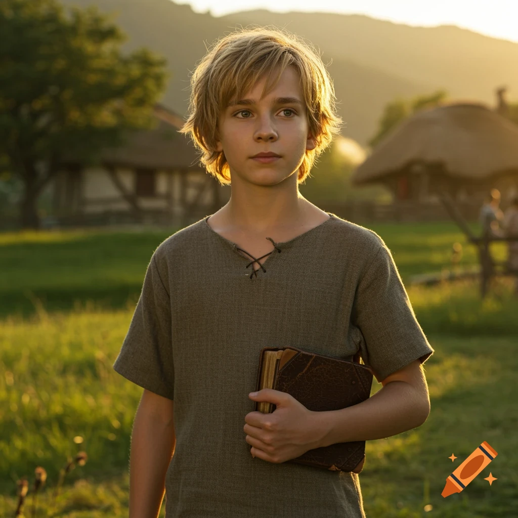 A young boy with blonde hair in rustic clothing holds an old book in a sunny, green field with a village in the background.