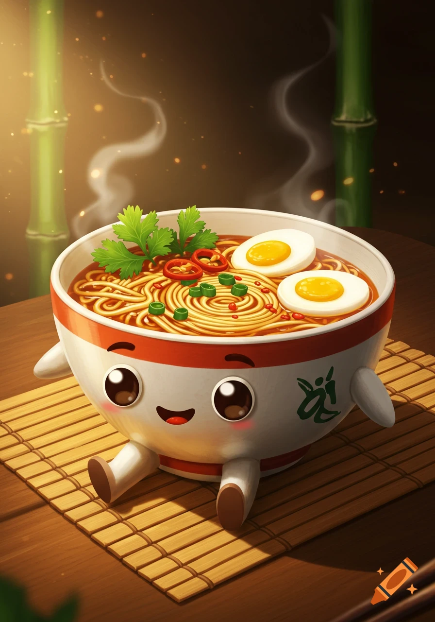 A cute, anthropomorphic bowl of ramen with a smiling face, arms, and legs sits on a bamboo mat, with steam rising.