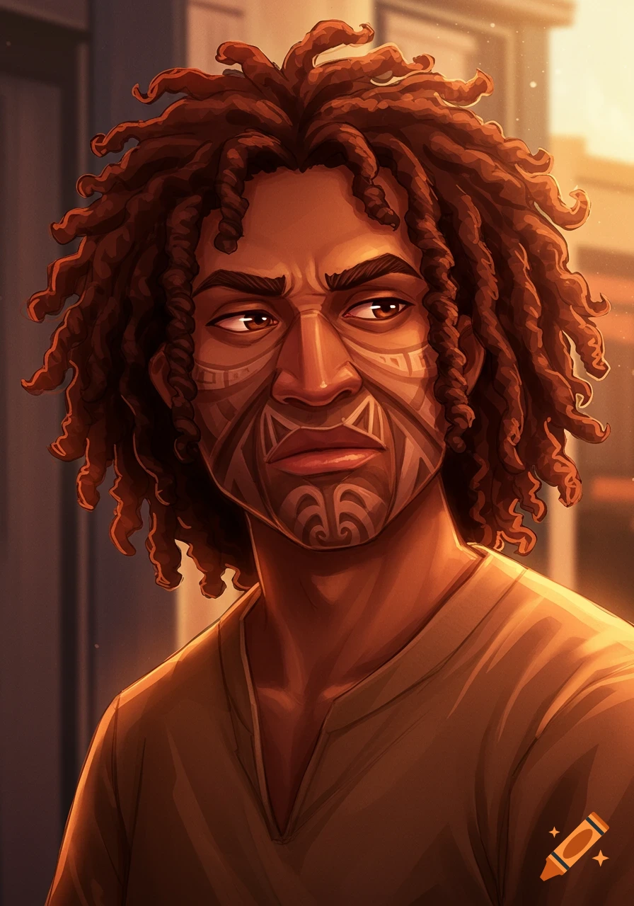 Animated portrait of a Polynesian man with coiled hair and tribal face markings, looking slightly annoyed.