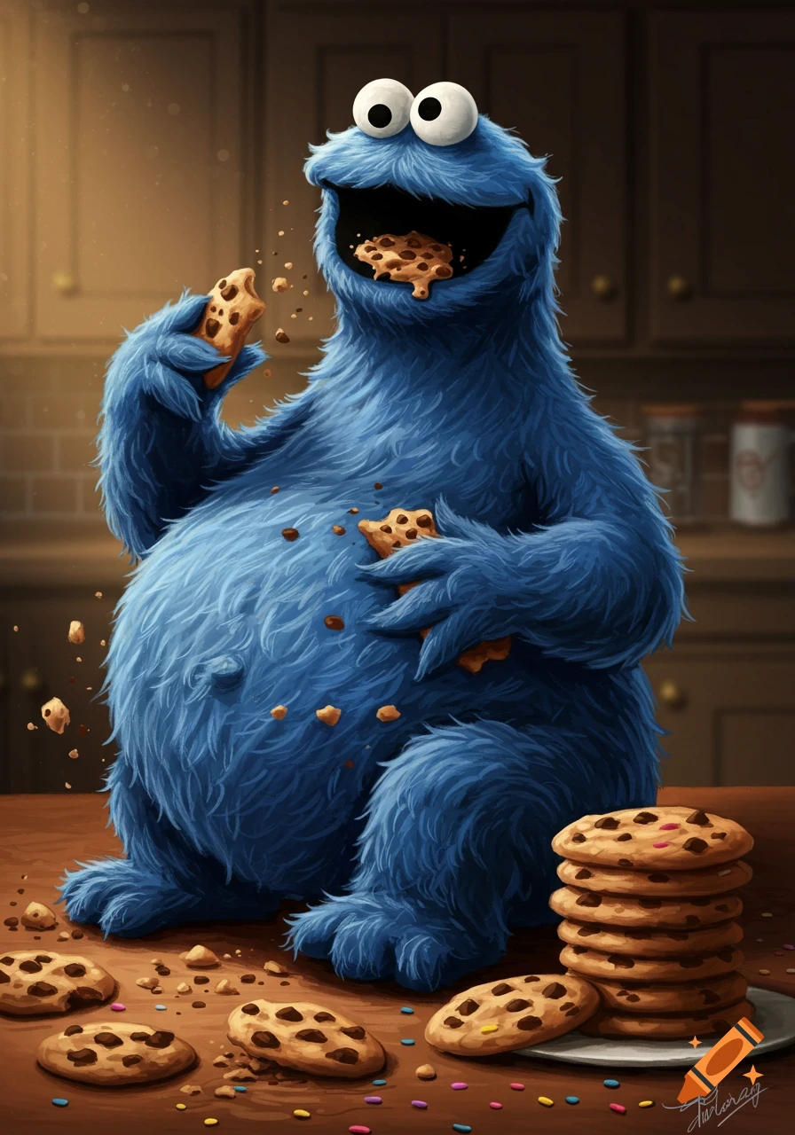 A blue, furry Cookie Monster with a big belly happily eats a chocolate chip cookie, surrounded by cookies and crumbs on a kitchen counter.