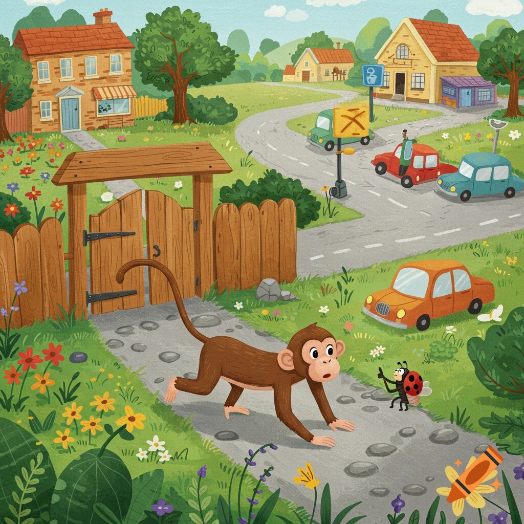 A cartoon monkey tiptoes on a path, looking at a scolding ladybug, in a bright, colorful village illustration with houses and cars.