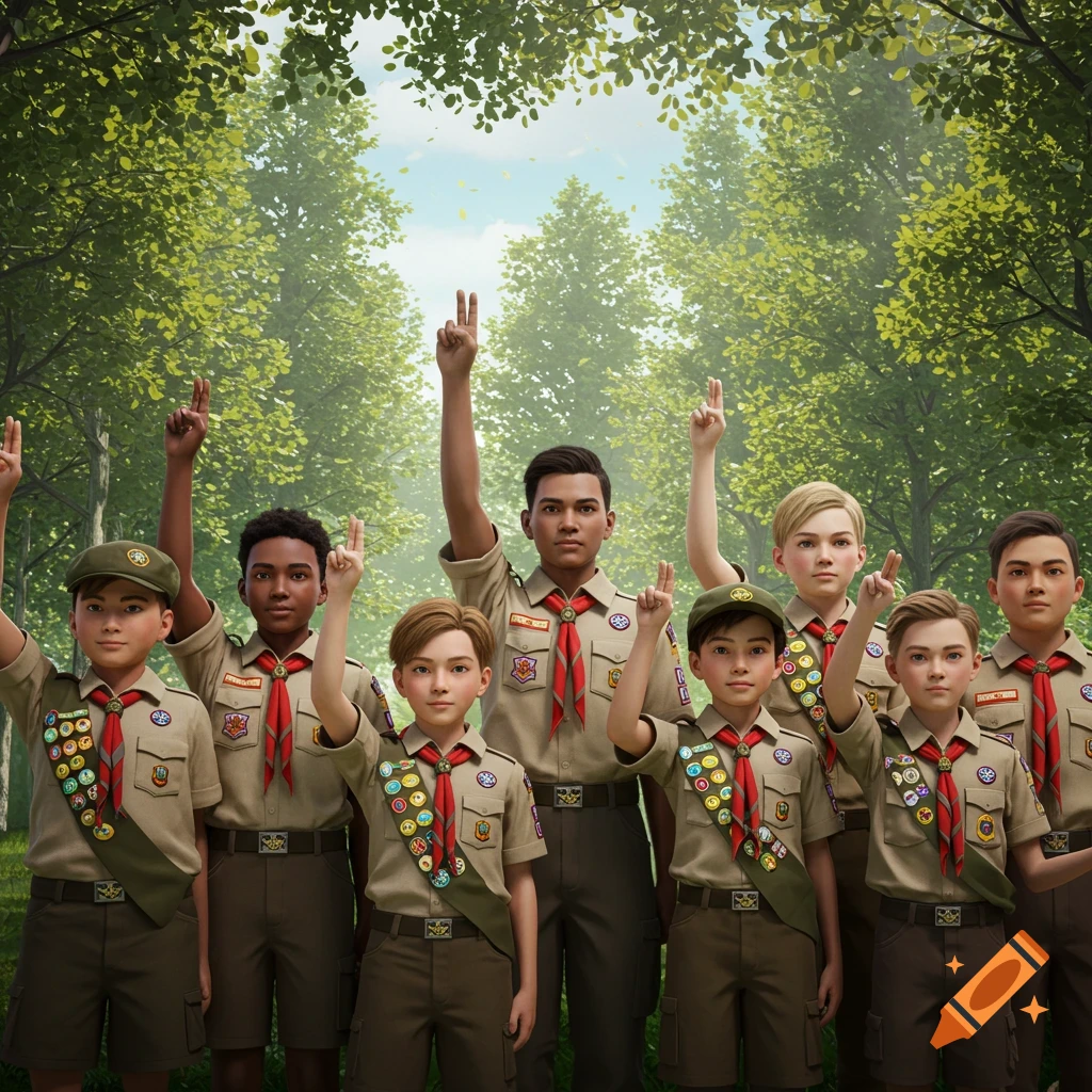 A group of boys in scout uniforms making the scout honor sign in a forest.