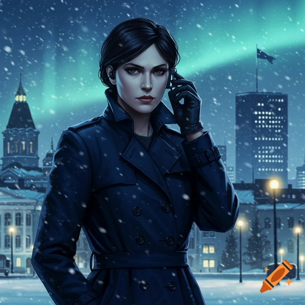 A stern secret agent in a dark trench coat stands on a snowy city street at night under an aurora sky, digital art.