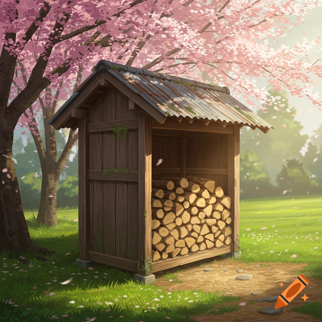 A rustic wooden firewood shelter with a corrugated tin roof under blooming pink cherry blossom trees in a grassy field, digital painting.