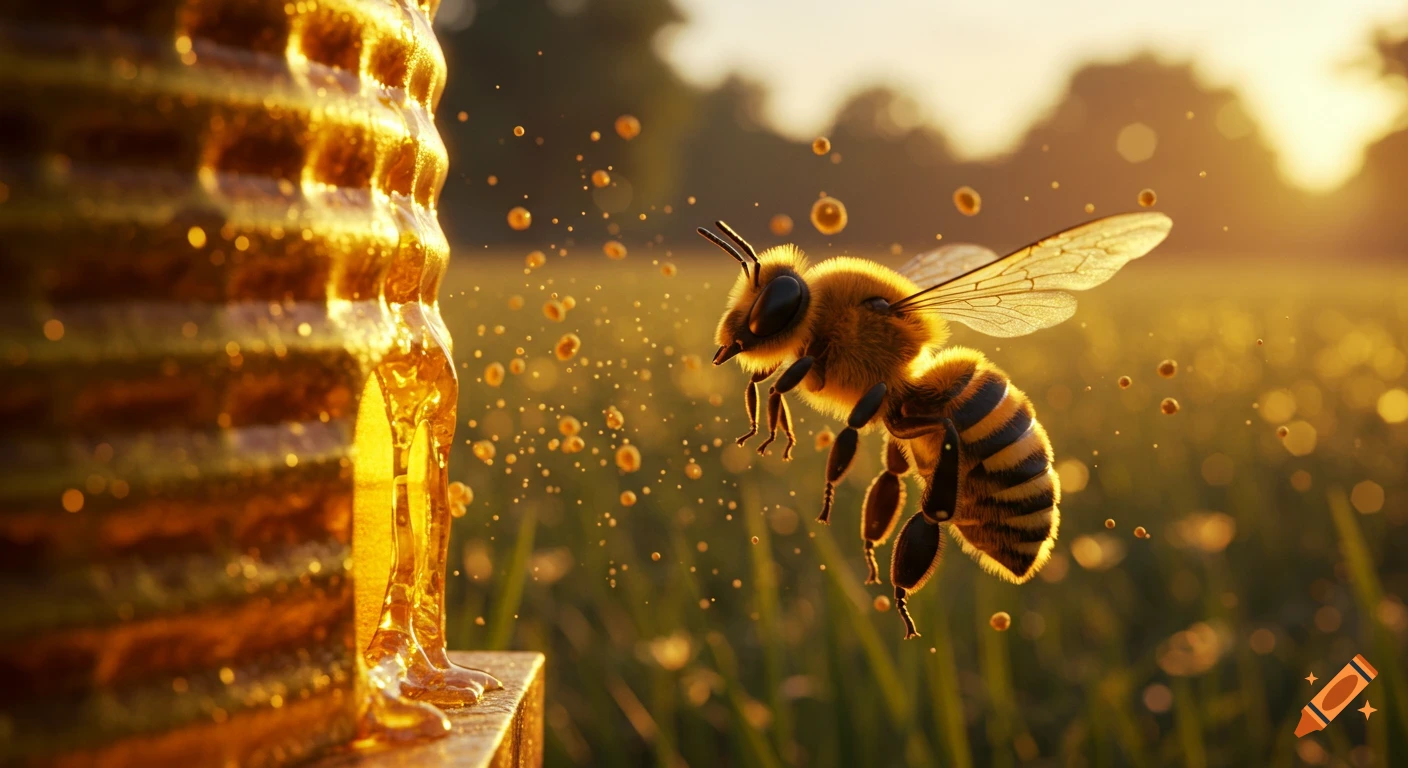 A detailed honeybee flies near a glowing, dripping honeycomb at sunset in a golden field, a cinematic and magical scene.
