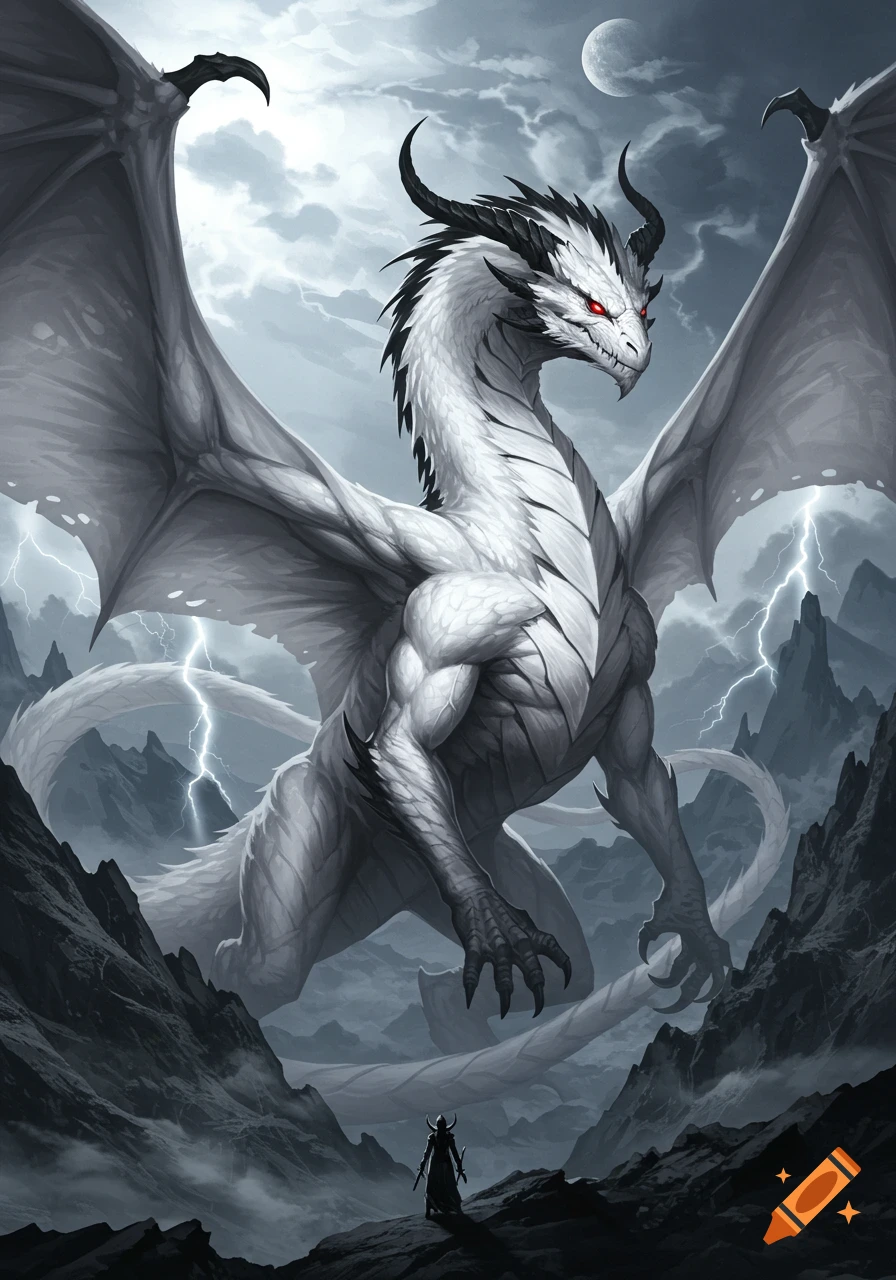 A powerful white dragon with red eyes looms over a small warrior in a stormy, lightning-filled mountain landscape. Detailed digital art.