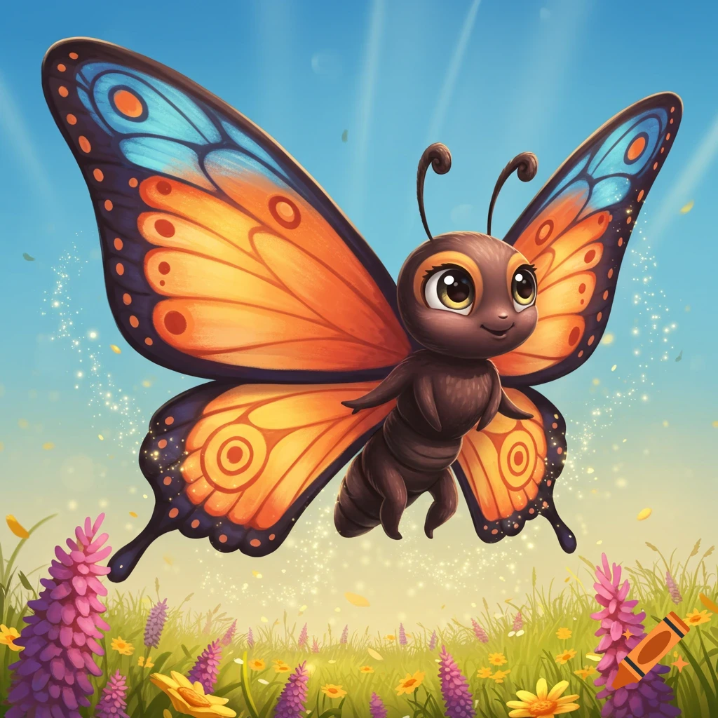 A cute, cartoon butterfly mascot with large orange and blue wings hovers above a field of green grass and purple flowers under a sunny blue sky.