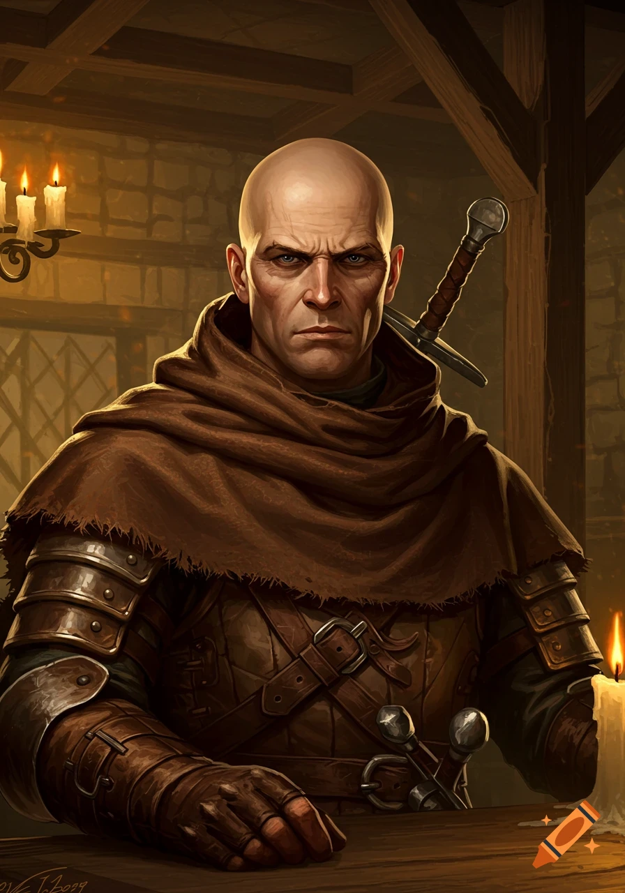 A stern bald man in a brown cloak and leather armor, with a sword, sits at a wooden table in a dimly lit, candlelit room.