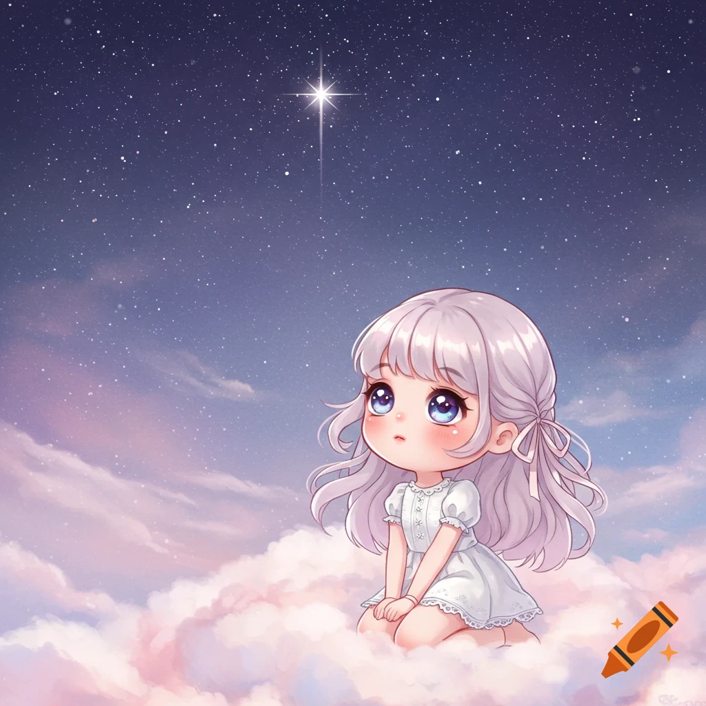 A cute chibi anime girl with long lavender hair and a white dress kneels on pink clouds, looking up at a bright star in a dark blue, starry sky.