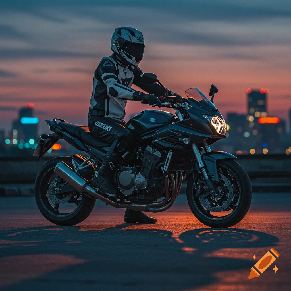 A motorcyclist on a black sportbike stands against a blurred city skyline at a vibrant sunset, photorealistic style.