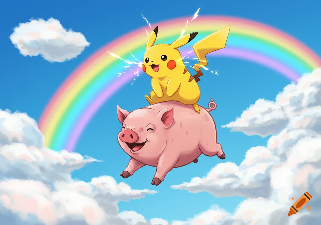 Cartoon Pikachu riding a smiling pink pig through a bright blue sky with fluffy clouds and a colorful rainbow.